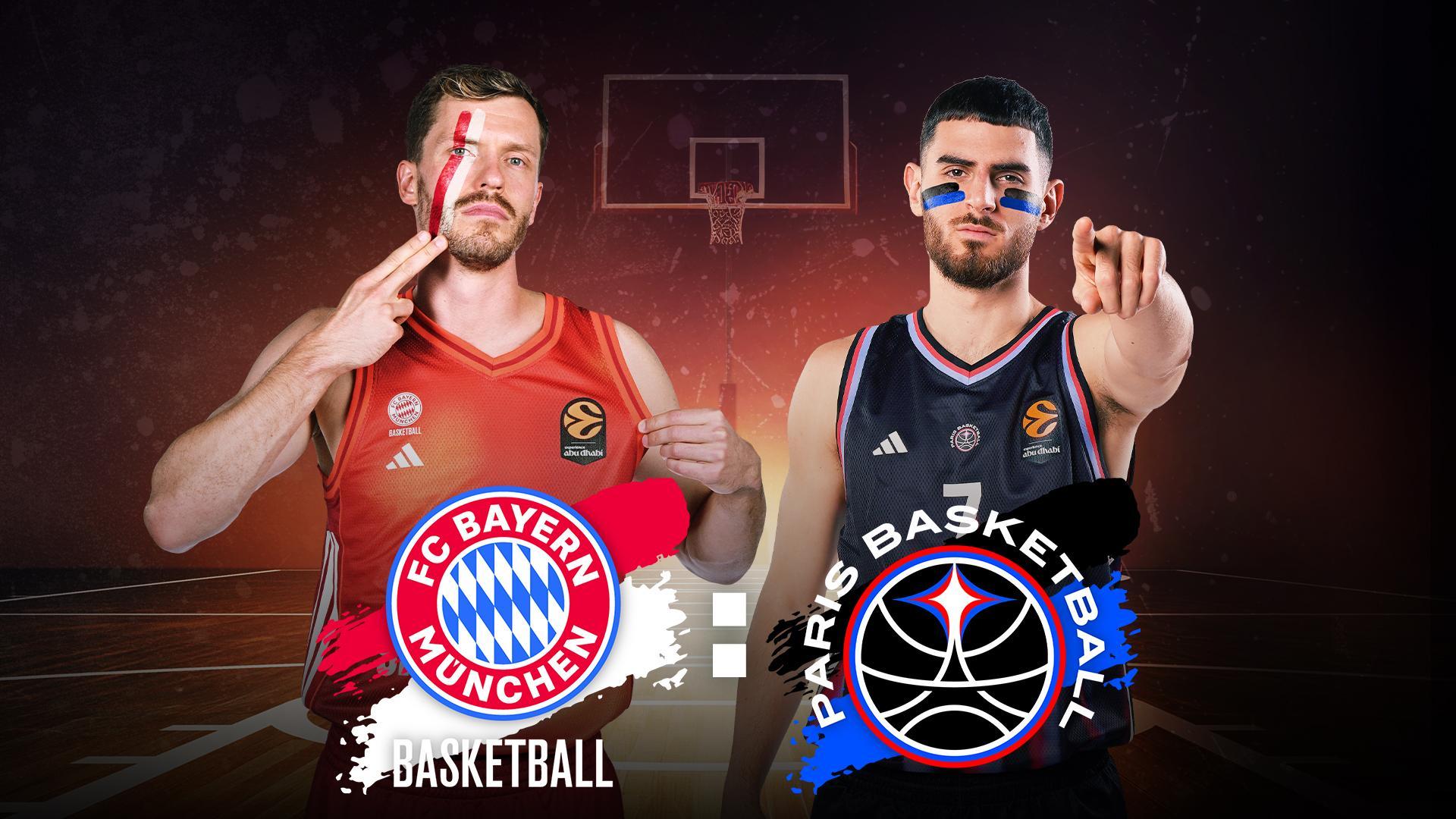 Werbegrafik mit Spielern von FC Bayern Basketball und Paris Basketball mit Vereinslogos.